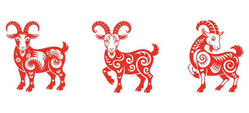 goat chinese zodiac set, red paper cut style sheep illustrations for lunar new year celebrations. Traditional asian vector icons, festive animal symbols, decorative oriental design collection.