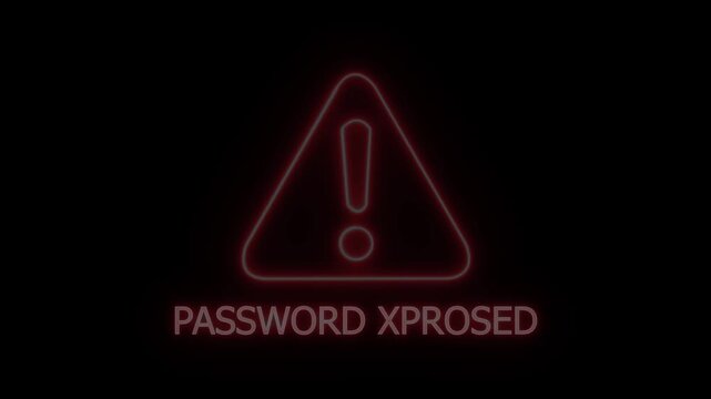 A striking red neon outline of an exclamation mark inside a triangle caution symbol with the words PASWORDXPROSED illuminated in red neon text on a dark black background indicating a