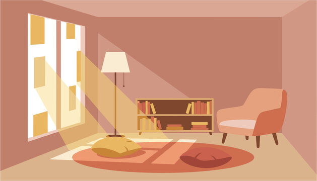 Warm sunlight streams through a window into a cozy living room with a chair and bookshelf