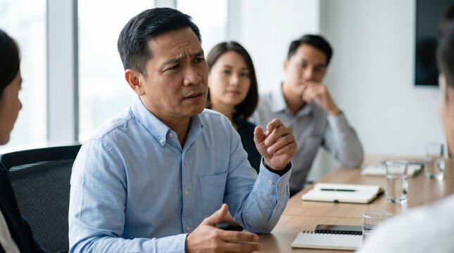 Middle aged Filipino manager speaking thoughtfully during business meeting, colleagues listening attentively in modern conference room