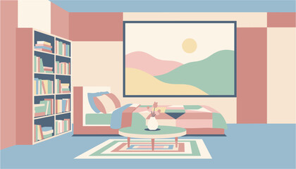 Cozy bedroom interior with a bookshelf and pastel landscape painting during soft daylight © ABULSTOCK