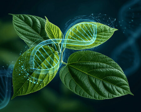 Botanical leaves with glowing biotech interface and DNA overlay showcasing futuristic nature science and advanced wellness innovation concept