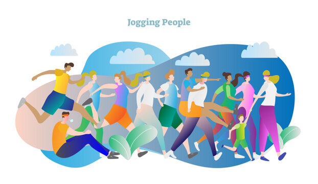 Jogging people illustration, transparent background.Outside fitness sport activity with man, woman, girl, boy and trainer.Crowd group running in good shape and healthy lifestyle.