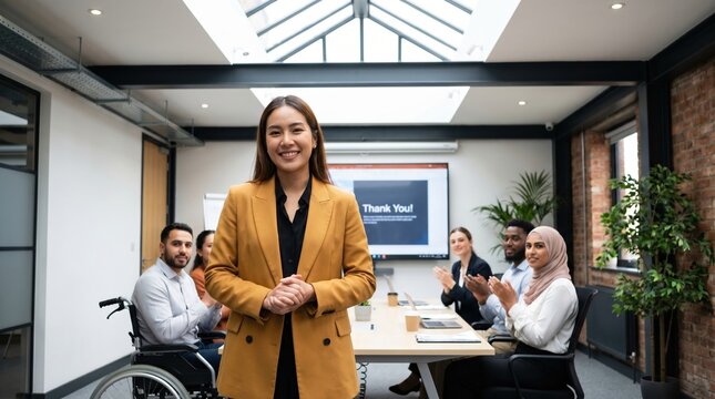 Confident young Asian businesswoman presenting in modern office meeting, team applauding behind her with diverse colleagues and accessible workspace