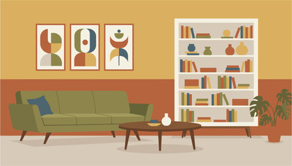 Mid-century modern living room with green sofa bookshelves and abstract art during warm daytime light © ABULSTOCK