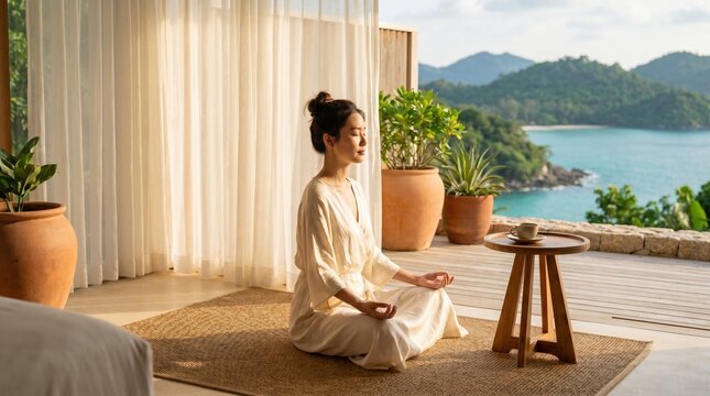 Serene Asian woman meditating indoors by open terrace overlooking tropical ocean and islands, soft natural light, peaceful morning retreat and mindful relaxation