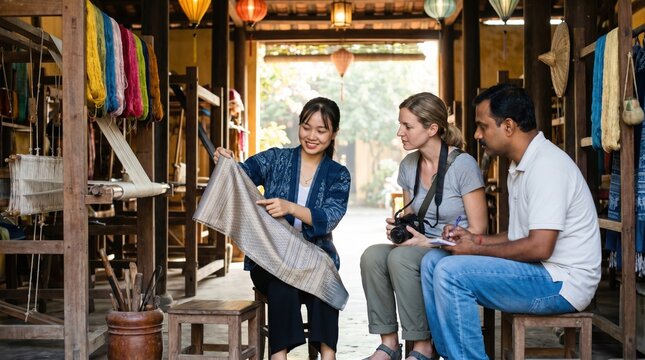 Smiling artisan demonstrates traditional handwoven textile to two attentive visitors in rustic workshop filled with looms, yarn and lanterns, conveying cultural craft, learning and connection