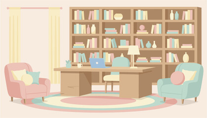 Cozy home office with bookshelves desk and armchairs bathed in soft window light © ABULSTOCK