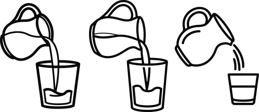 Line art illustration of pouring water from jug into glass in three stages