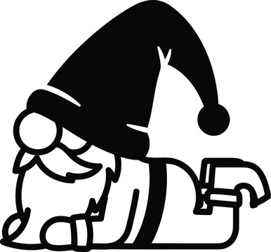 gnome in santa hat and belt lying down on floor with hammer