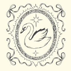 Obraz premium Decorative frame with swan illustration inside line art waterfowl wildlife graceful illustration monochrome decorative scrollwork filigree starburst embellishment isolated background
