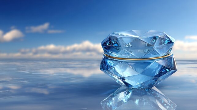 Faceted aqua container rests upon a reflective water surface beneath a bright blue sky