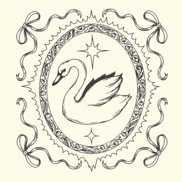 Decorative frame with swan illustration inside line art waterfowl wildlife graceful illustration monochrome decorative scrollwork filigree starburst embellishment isolated background