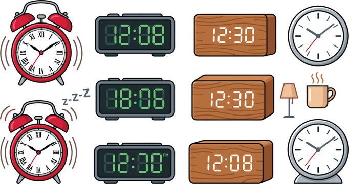 Clock and Alarm Illustration Set with Analog, Digital, Wooden, and Desk Clocks for Time, Morning, and Wake-up Themes