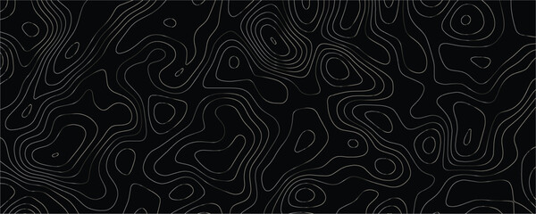 Topographic map pattern with thin white contour lines on a solid black background representing elevation changes and geographic terrain data in a minimalist style © VxGFX