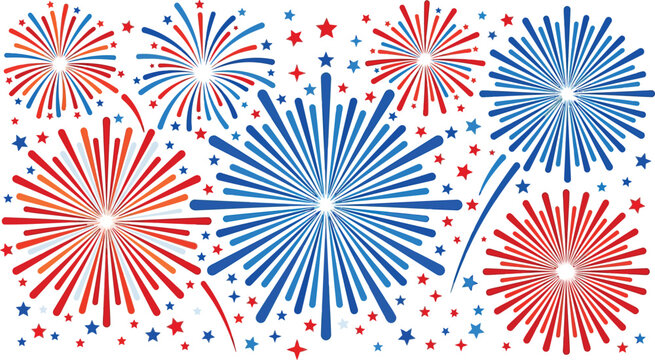Red Blue Fireworks Exploding on White Background