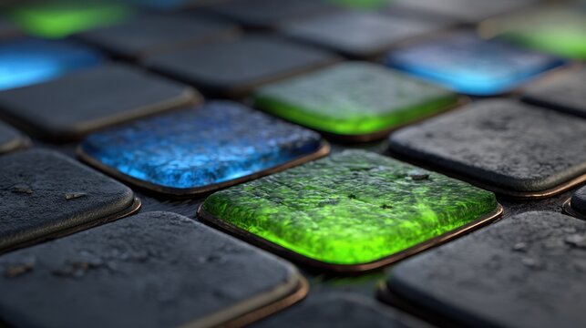 Illuminated, textured square tiles form a repeating pattern with contrasting matte and glowing surfaces.
