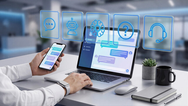 Customer support user using laptop and smartphone with blue holographic chatbot icons, modern AI helpdesk technology background for virtual assistant, live chat and service automation
