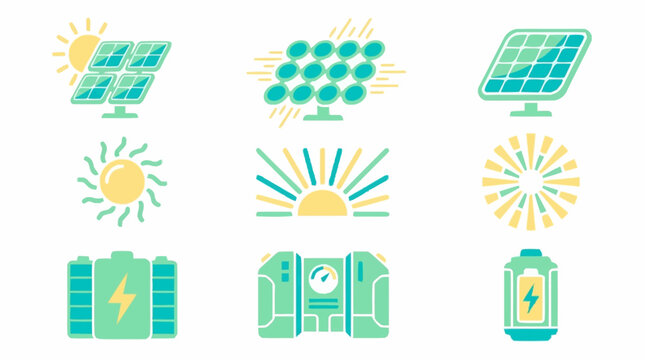 Set of icons representing solar energy, including solar panels, sun, and batteries, for renewable power generation.