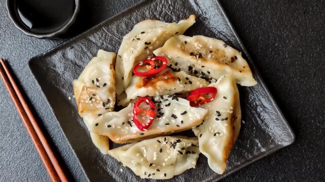 Gyoza, Chinese or Japanese meat dumplings, is an Asian food with hot peppers and spices. Gyoza with meat as a food background for your design