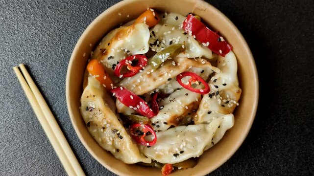 Gyoza, Chinese or Japanese meat dumplings, is an Asian food with hot peppers and spices. Gyoza with meat as a food background for your design