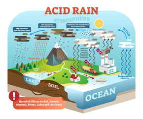 Fototapeta premium Acid rain cycle in nature ecosystem, isometric infographic scene, illustration, transparent background. Planet earth global environmental balance harmful dangers. Pollution in nature.