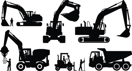 Heavy Construction Vehicles Silhouette Icon Set Featuring Excavators Dump Truck Forklift and Concrete Mixer Machinery with Operators for Industrial Site Graphics © Romana