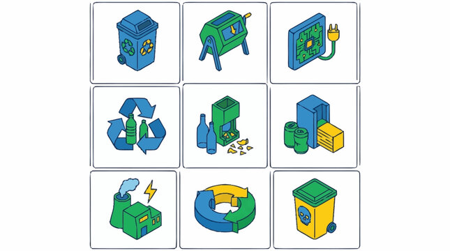Set of isometric icons representing recycling and sustainability concepts, including bins, composters, and energy production.