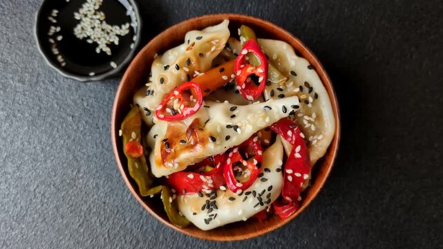 Gyoza, Chinese or Japanese meat dumplings, is an Asian food with hot peppers and spices. Gyoza with meat as a food background for your design