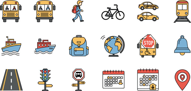 Colorful Transportation Icon Vector Set With School Bus Bicycle Train Ship Road Signs And Travel Elements