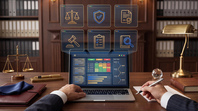 Law firm professional using laptop with gold holographic legal compliance icons, premium audit dashboard background for contract review, governance reporting and regulatory workflow