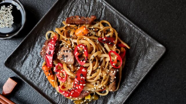 Food, Chinese or Japanese noodles with meat, vegetables, and spices. Noodles with beef or chicken as a food background for your design