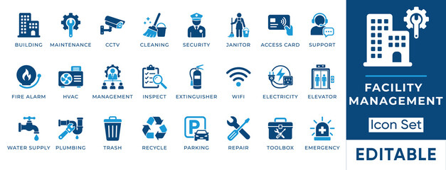 Facility management solid icon set. Contains symbols for Maintenance, Security, HVAC, and Plumbing. Flat vector design for building operations and property services. © MS -Studio