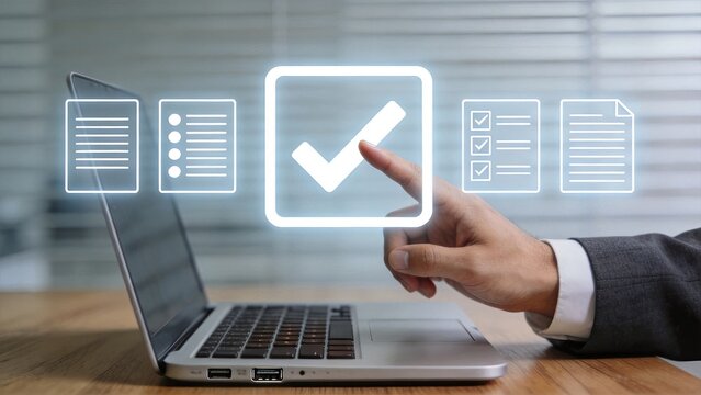 Hand touching glowing checkmark icon on laptop screen, confirming document approval, completing checklist tasks, digital signature and contract validation concept