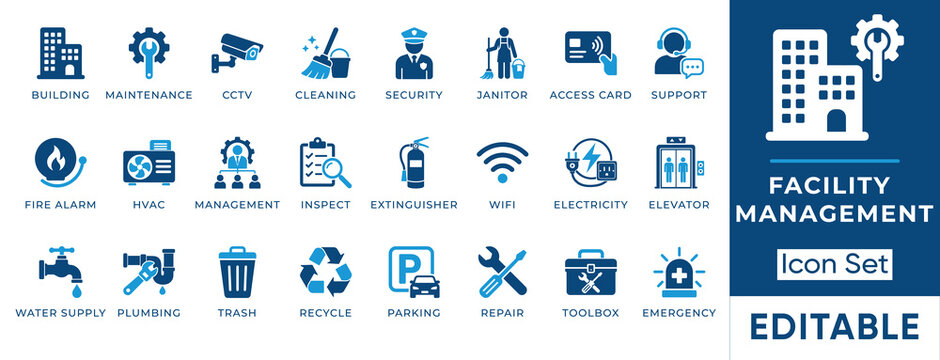 Facility management solid icon set. Contains symbols for Maintenance, Security, HVAC, and Plumbing. Flat vector design for building operations and property services.