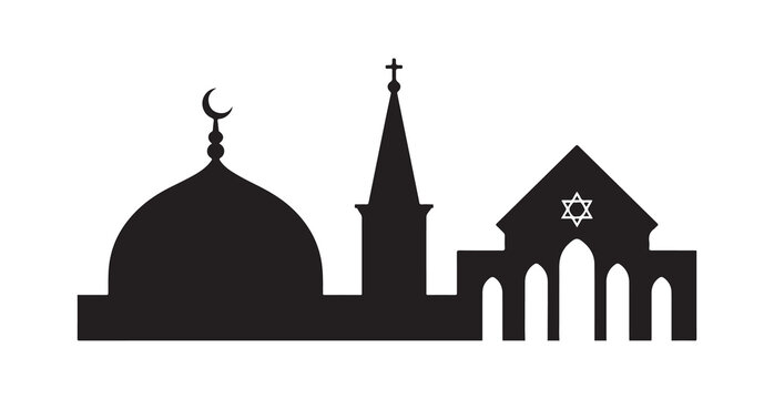 Silhouette of Mosque Church and Synagogue Representing Interreligious Harmony