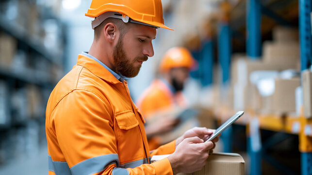 Rear view of warehouse workers near tall shelving checking inventory on tablets and carrying boxes, product stock management concept, distribution center photography, global