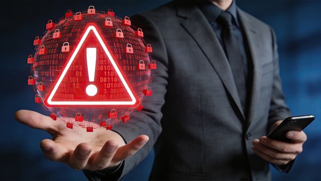 Cybersecurity threat warning symbol held by businessman, red alert triangle over encrypted data sphere with padlocks, digital security breach concept, protection against hacking