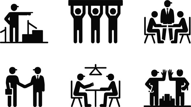 Industrial Business and Construction Teamwork Icon Set Featuring Foreman Management Handshake Project Planning Meeting and Workers Collaboration Silhouette Vector Graphics