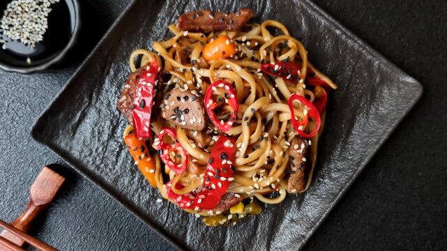 Food, Chinese or Japanese noodles with meat, vegetables, and spices. Noodles with beef or chicken as a food background for your design