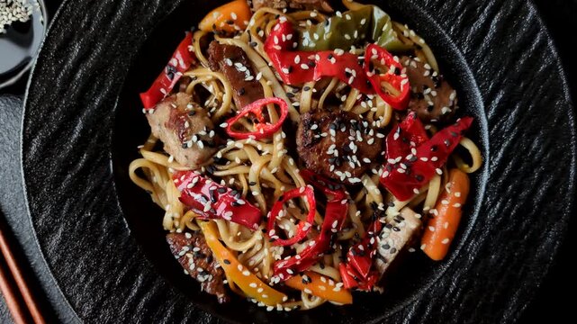 Food, Chinese or Japanese noodles with meat, vegetables, and spices. Noodles with beef or chicken as a food background for your design
