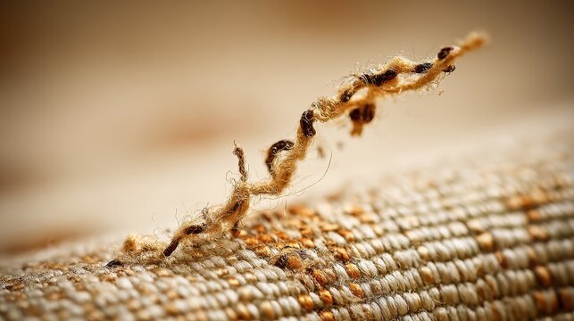 Close-up of a frayed thread unraveling from worn textile fabric