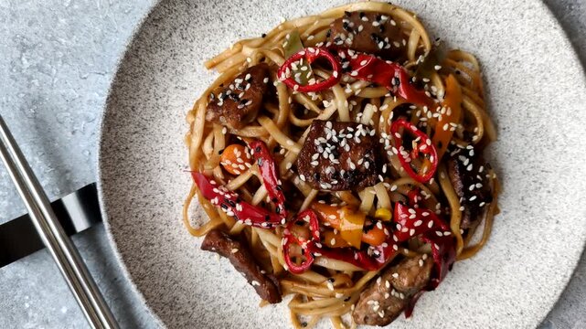 Food, Chinese or Japanese noodles with meat, vegetables, and spices. Noodles with beef or chicken as a food background for your design