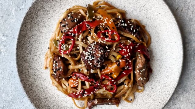 Food, Chinese or Japanese noodles with meat, vegetables, and spices. Noodles with beef or chicken as a food background for your design