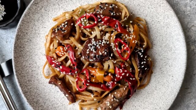 Food, Chinese or Japanese noodles with meat, vegetables, and spices. Noodles with beef or chicken as a food background for your design