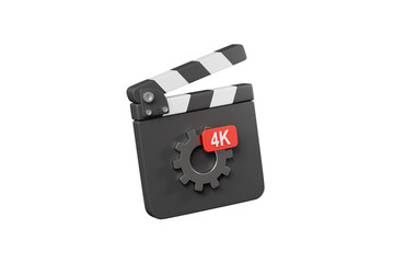 Fototapeta premium 3d 4K movie clapperboard icon. video resolution settings concept. black film slate with gear and red 4K label. isolated on white transparent background. 3d render.