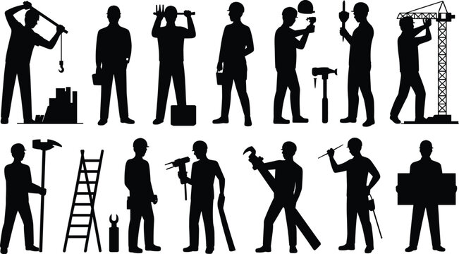 Industrial Construction Workers and Tradesmen Silhouette Icon Set Operating Tower Crane Drills Hammers and Holding Toolboxes for Site Engineering Vector Illustration