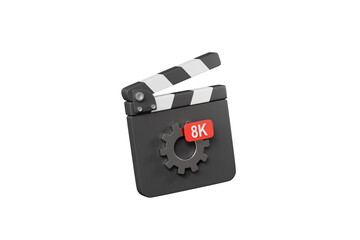 Fototapeta premium 3d 8K movie clapperboard icon. video rendering settings concept. black film slate with gear and red 8K label. isolated on white transparent background. 3d render.