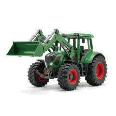 Obraz premium Modern green farm tractor with front loader bucket and red wheels, vector illustration on white background.