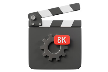 Fototapeta premium 3d 8K movie clapperboard icon. video rendering settings concept. black film slate with gear and red 8K label. isolated on white transparent background. 3d render.